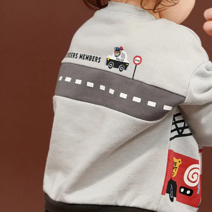 日本 ZOOLAND - 熊熊救援隊 消防車印花長袖上衣-淺灰