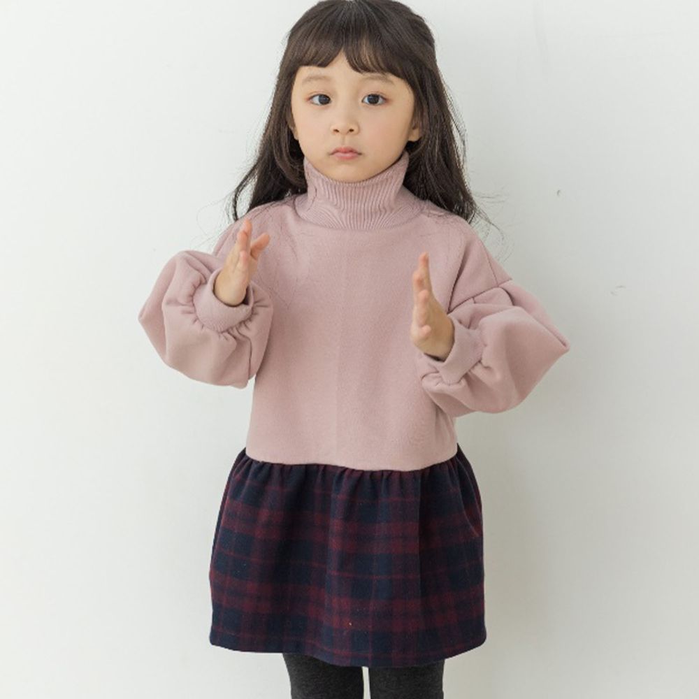 韓國 Orange Mom - 格子拼接泡泡袖高領洋裝-暗粉紅