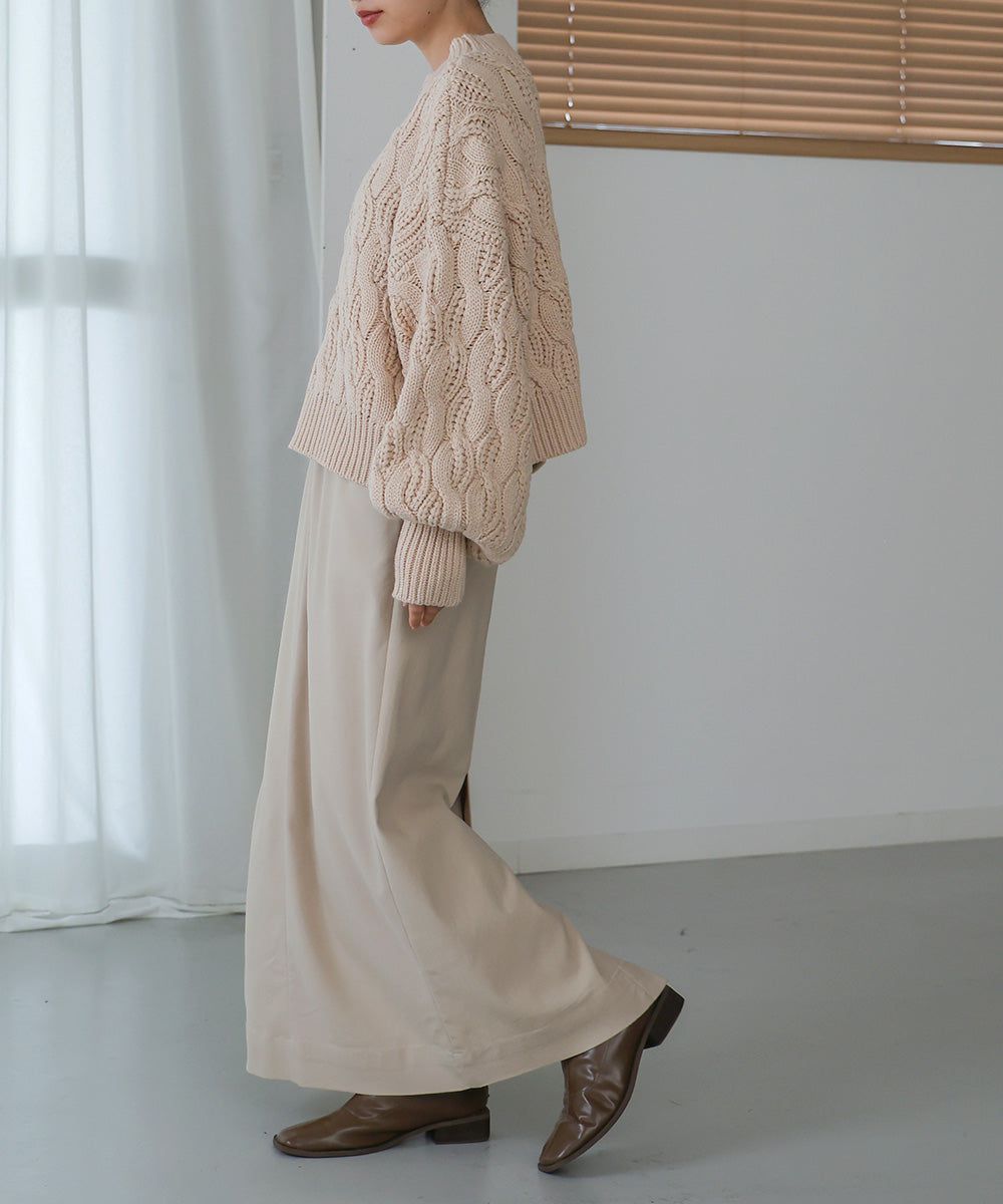 日本 Bab - 麻花編織圓領泡泡袖毛衣-粉膚