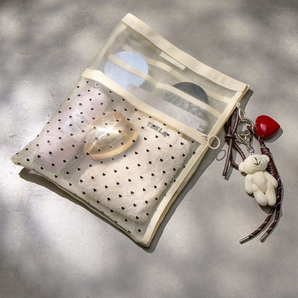 愛心圖案輕巧網狀包中袋-象牙 (34x26cm)