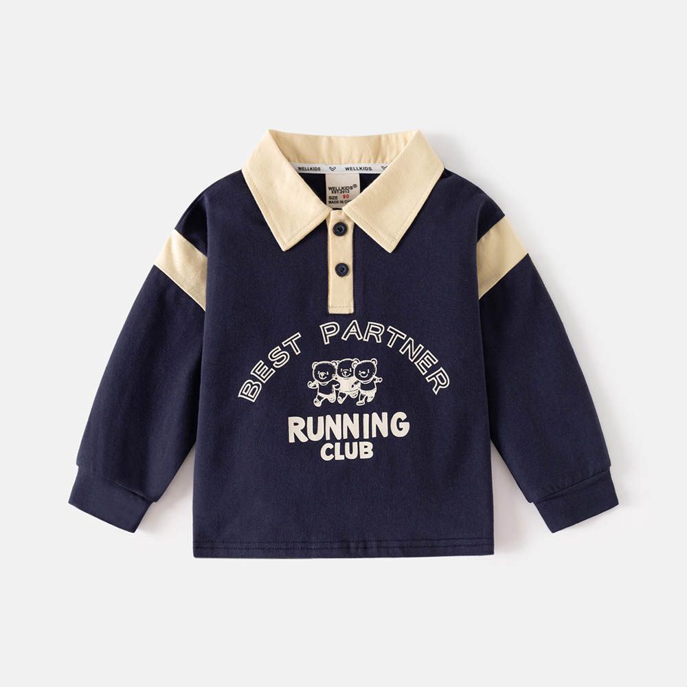 拼色翻領長袖上衣-熊熊好朋友-藏青