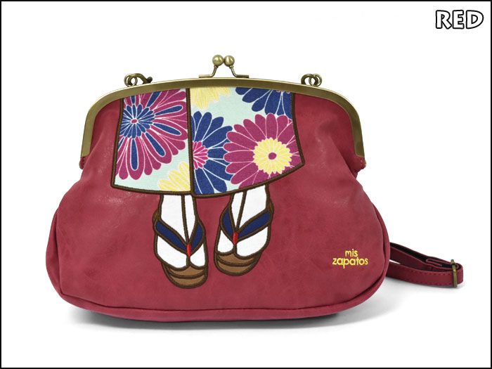 mis zapatos - 兩用斜挎口金包(皮革)-和服-WI酒紅色 (19*28*8cm)