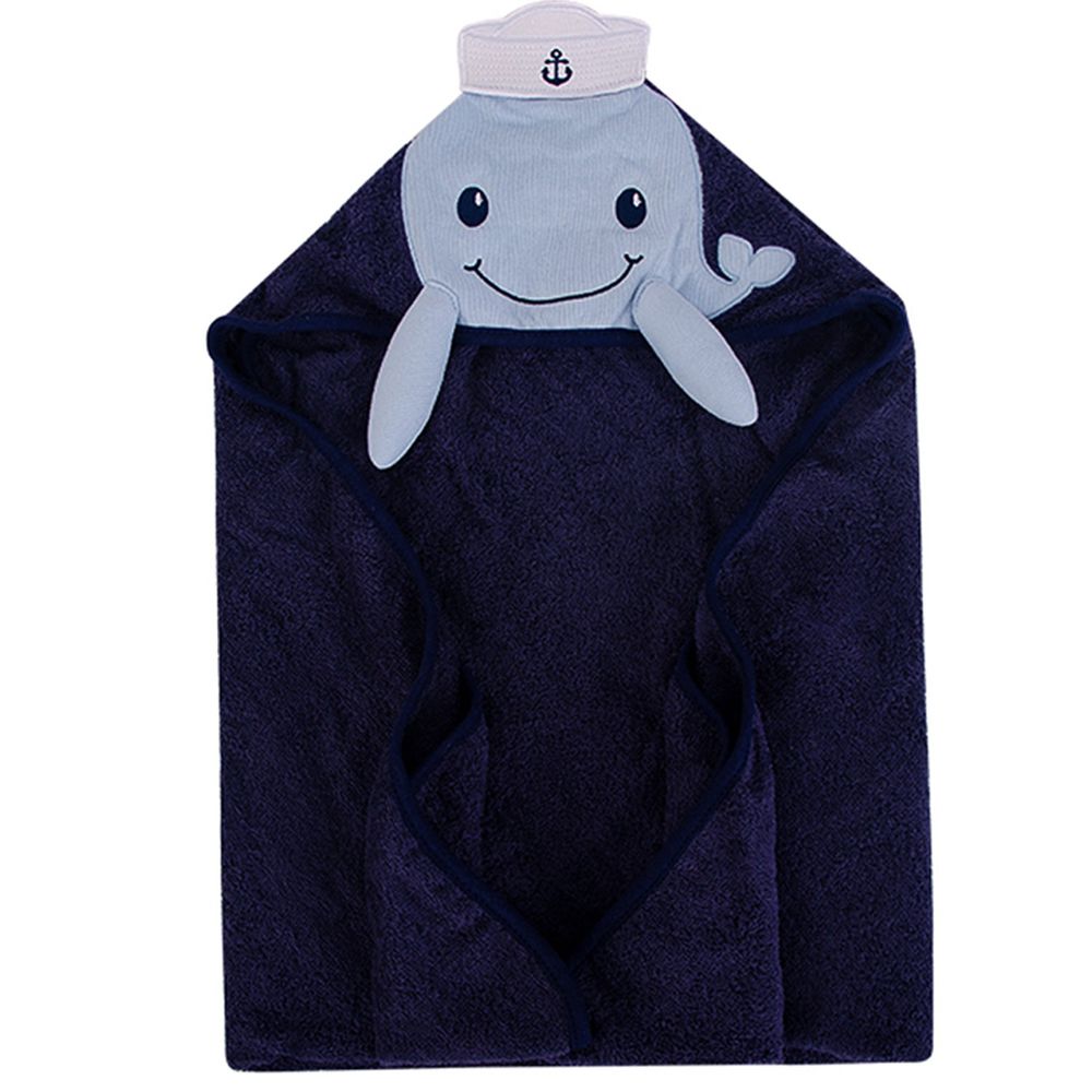 美國 Luvable Friends - 100% 純棉嬰幼兒動物造型連帽浴巾/包巾-藍色鯨魚