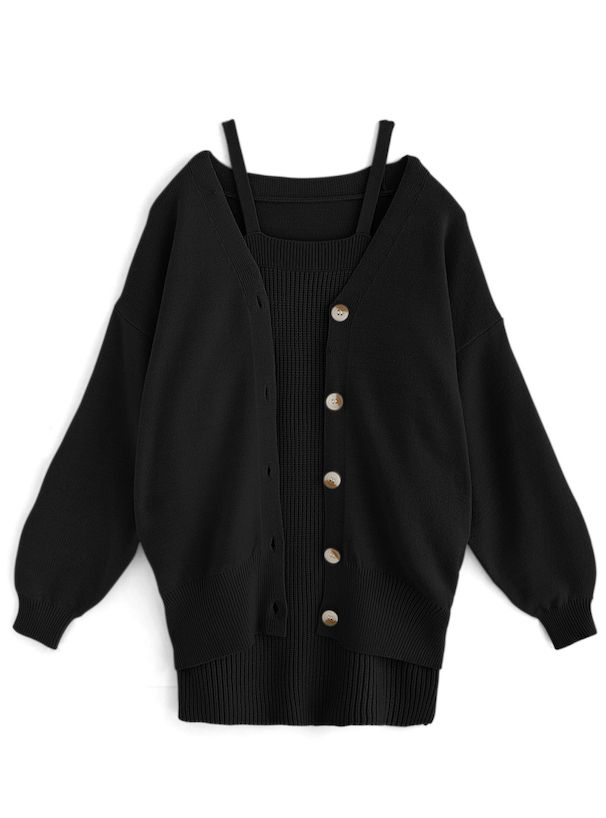 日本 GRL - 甜美針織洋裝+長版外套2件組-淺米杏