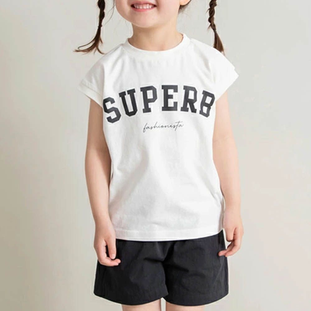 率性女孩法式袖上衣-英文logo-白