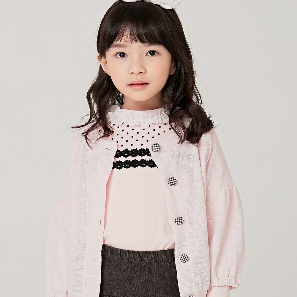 韓國 Coco Bang - 點點蕾絲領公主袖上衣-淺粉紅