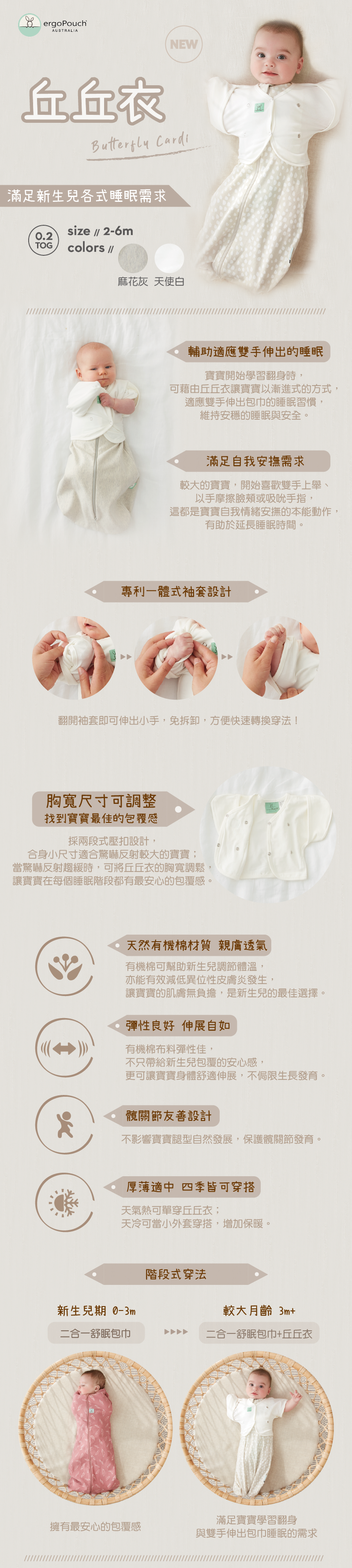 澳洲 ergoPouch - 丘丘衣-有機棉-麻花灰 (2-6M)