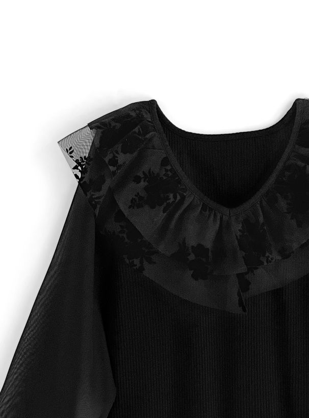 日本 GRL - 花刺繡V領泡泡袖上衣-黑