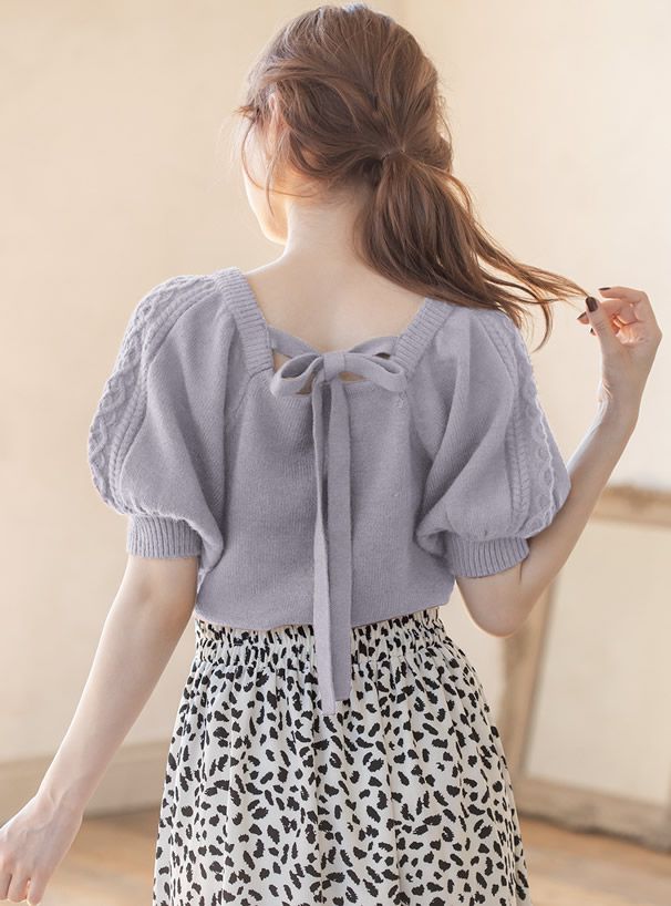 日本 GRL - 麻花澎澎短袖美背蝴蝶結針織上衣-天使藍 (Free)