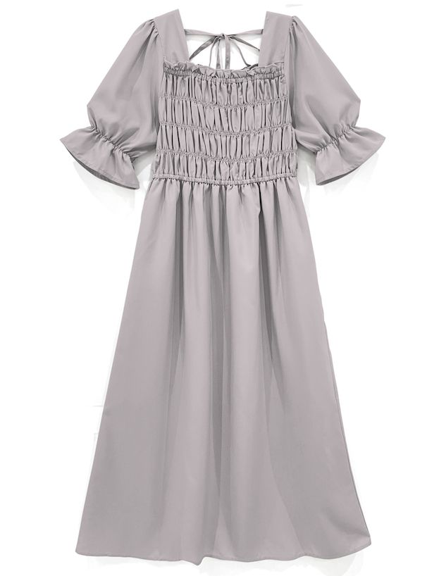 日本 GRL - 法式優雅方領抓皺短袖洋裝-古典黑