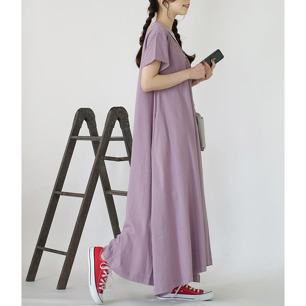 日本 zootie - 抗透汗 純棉修身短袖洋裝-圓領-粉紫
