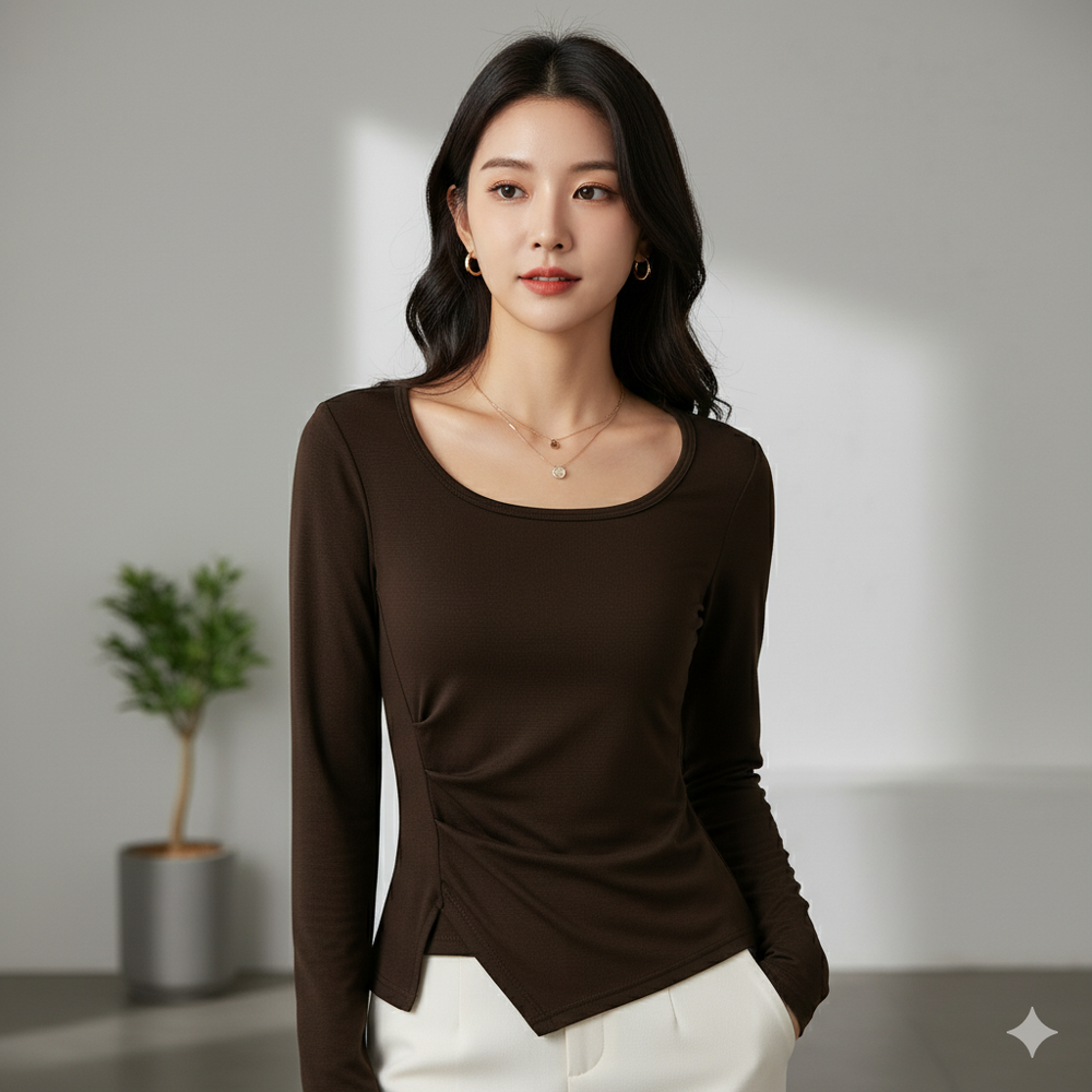 U領側抓皺開衩長袖BRA TOP/附罩杯上衣-咖色