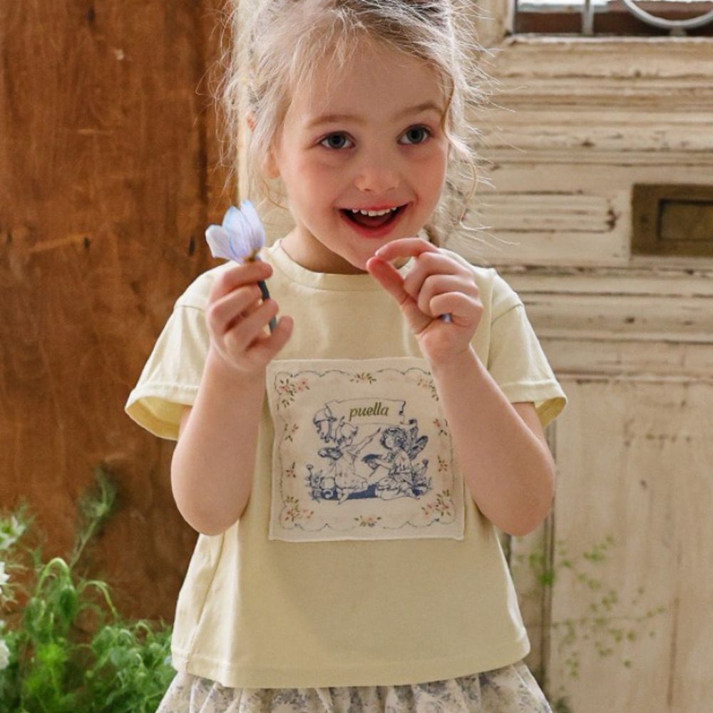 Puellaflo 天使圖案布貼純棉短袖上衣-淺黃綠