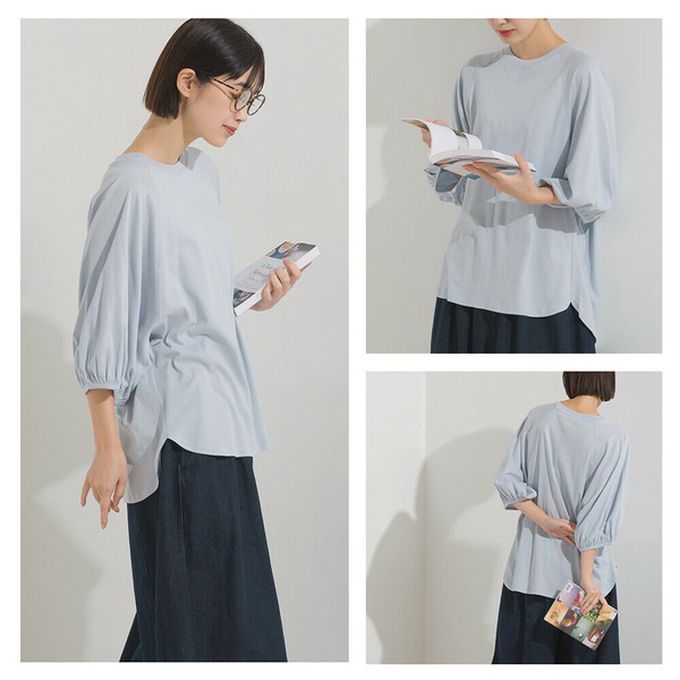 日本 OMNES - 抗透汗 薄透氣球七分袖上衣-水藍