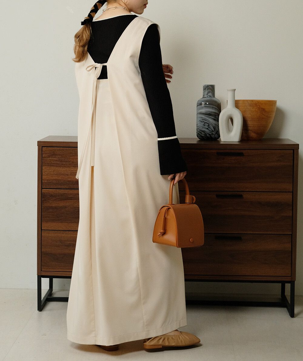 日本 Bab - [日雜推薦] 氣質綁帶V領背心裙-石英灰