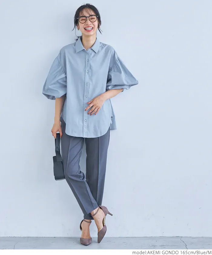 日本 COCA - 翻領寬鬆氣球袖襯衫-米杏