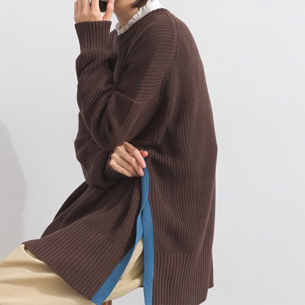 低調側邊撞色柔軟粗針織上衣-深咖啡