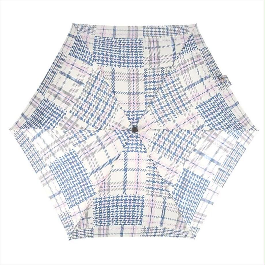 日本 nifty colors - 抗UV輕量 晴雨兩用J型手把折疊傘-格紋拼接-淺藍 (直徑90cm/171g)