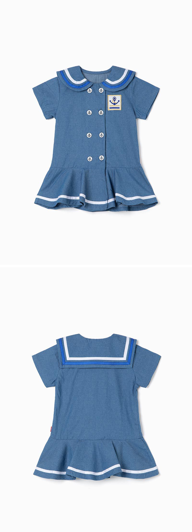 韓國 OZKIZ - 丹寧水手排釦連身洋裝-丹寧藍