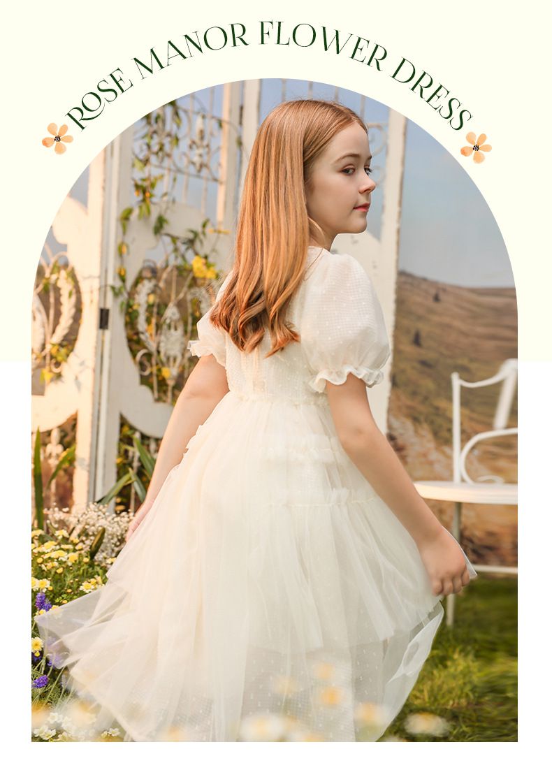 Little Deeyoo - 方領公主袖網紗蛋糕連身洋裝-米白色