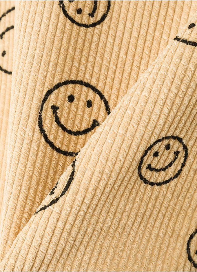 韓國 OZKIZ - 圓形笑臉印燈芯絨翻領長袖襯衫-卡其