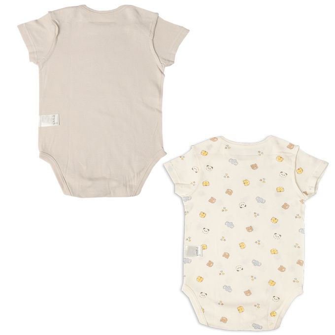 akachan honpo - 短袖套頭式速乾包屁衣-2件組 動物-淺卡其色