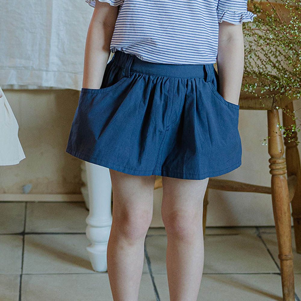 後鬆緊極簡風口袋褲裙-海軍藍