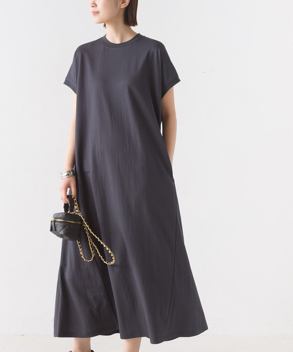 日本 OMNES - 涼感機能 嫘縈混圓領短袖洋裝-薰衣草