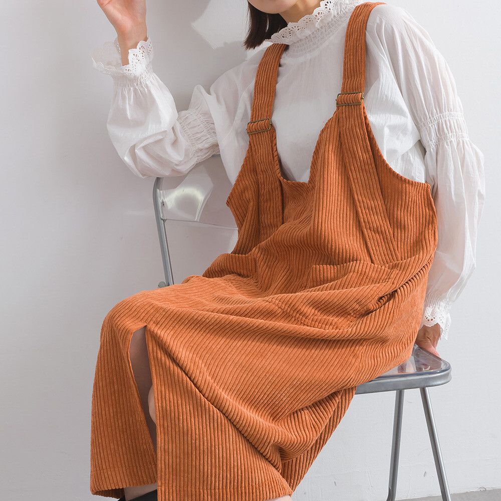 可愛厚實燈芯絨開叉吊帶裙-橘