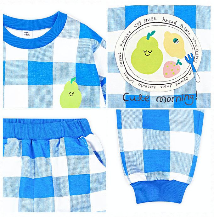 韓國 mollimelli - 水果印花大格紋長袖套裝-藍