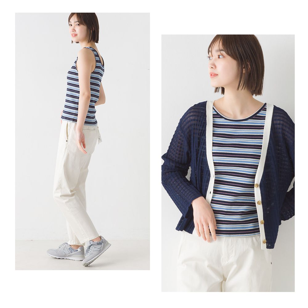 日本 OMNES - 圓領條紋無袖上衣-卡其x橘