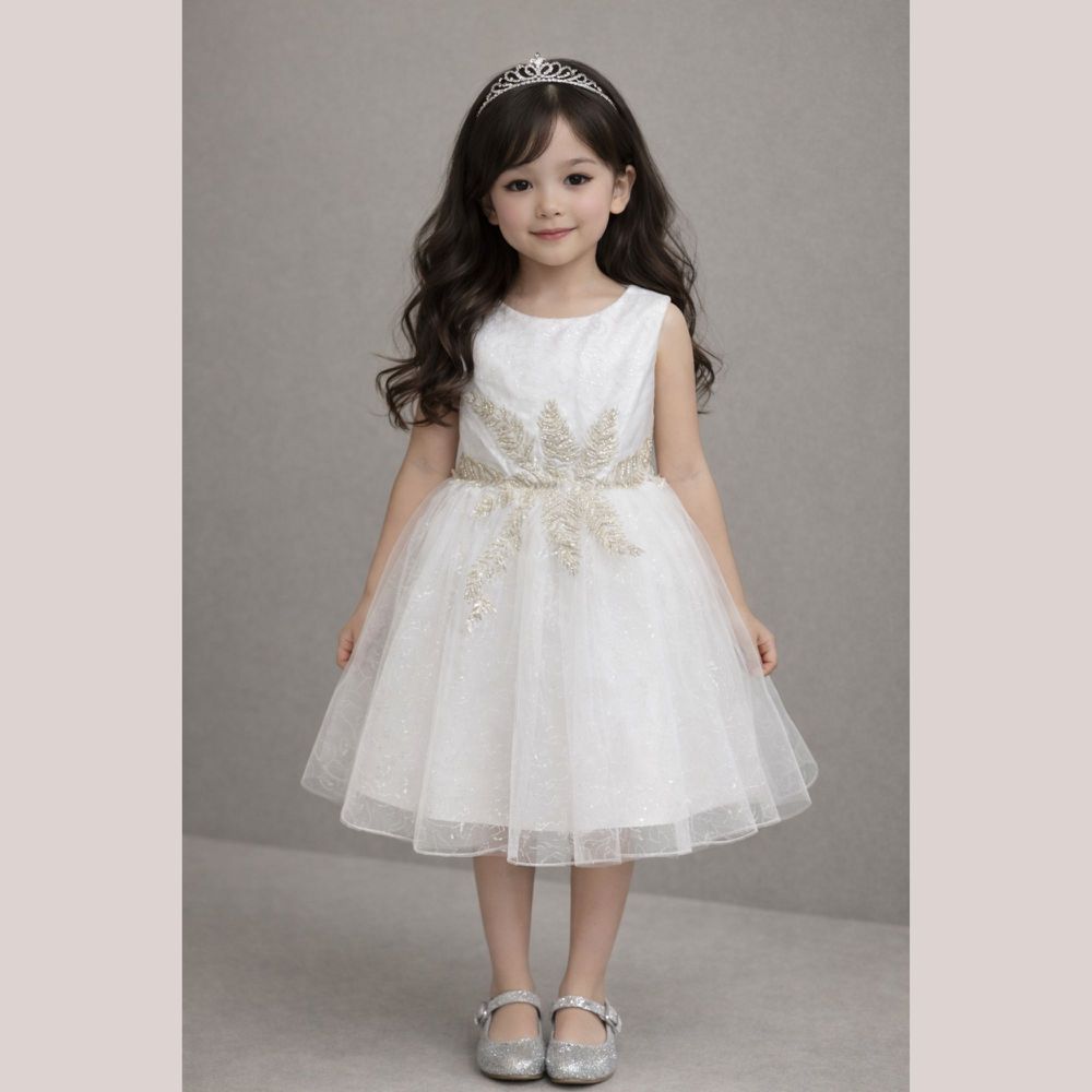 重手工婚紗銀絲線繡花蓬蓬白紗無袖小禮服-白色