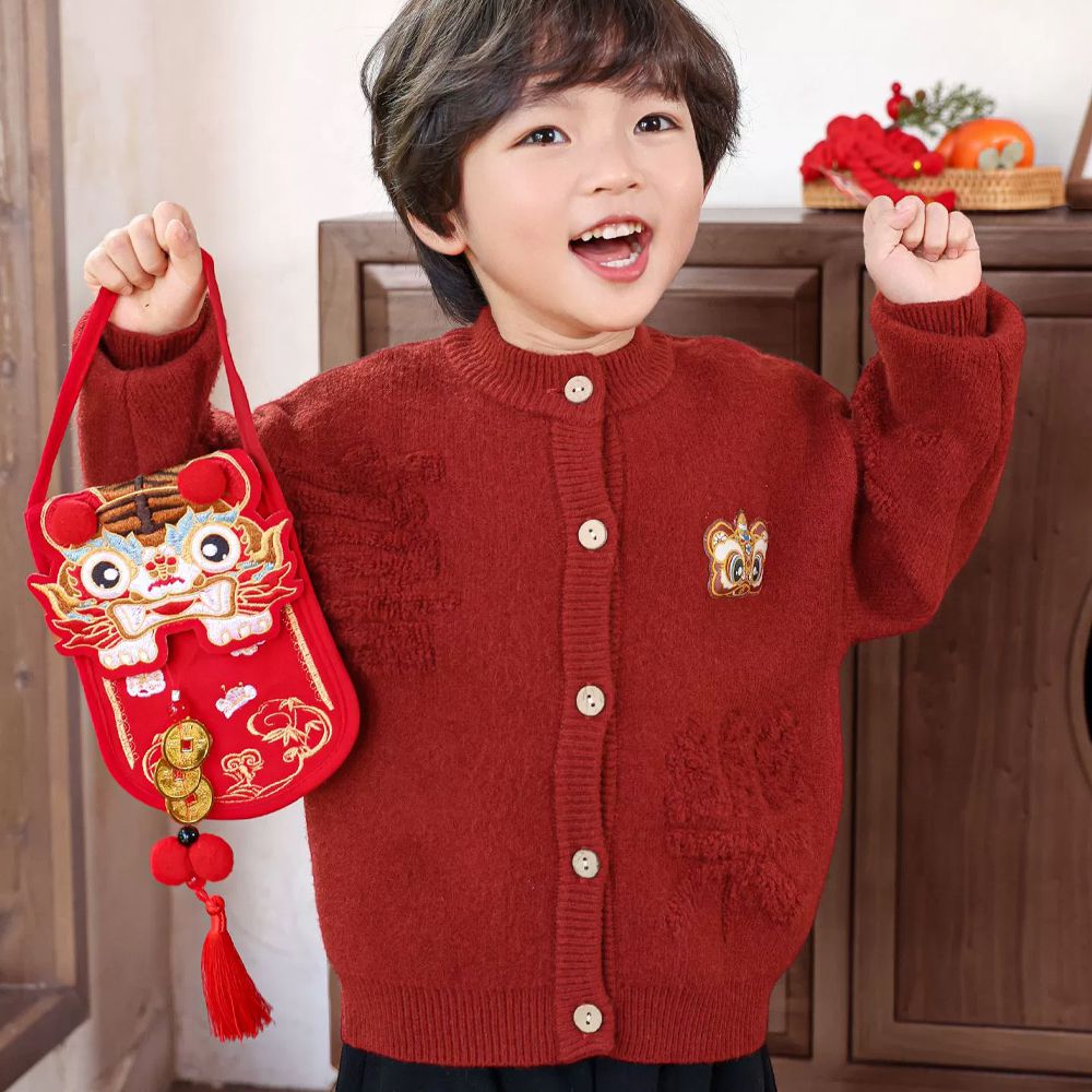 喜慶立體刺繡針織外套-紅色