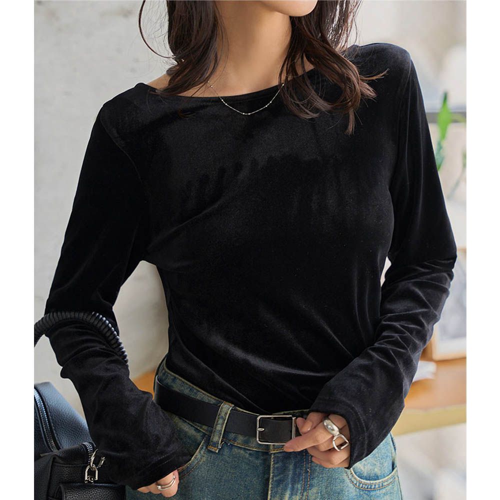 華麗天鵝絨露背合身長袖上衣-黑