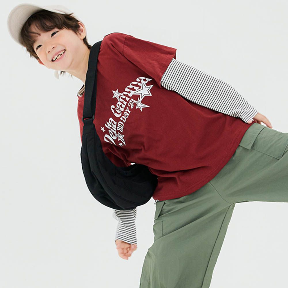 W.S.B. 純棉Y2K風格條紋拼袖上衣-酒紅