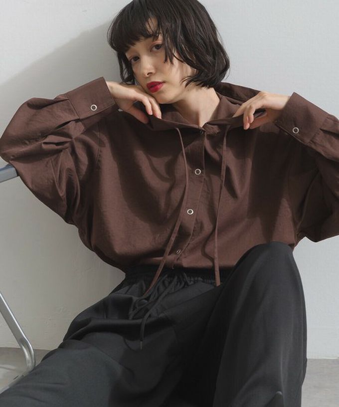 日本 ELENCARE DUE - 復古風磨毛寬版連帽長袖襯衫-咖啡
