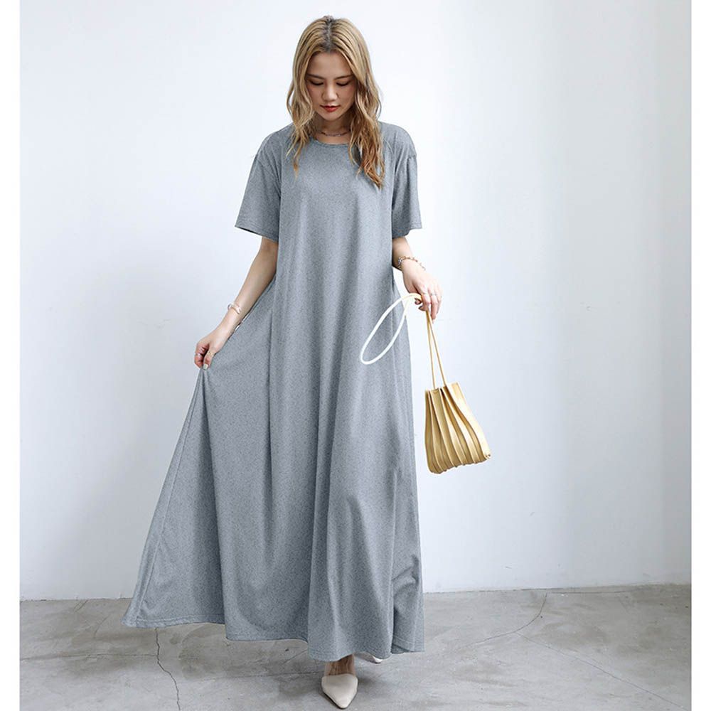 3D立體剪裁顯瘦短袖長洋裝-灰色