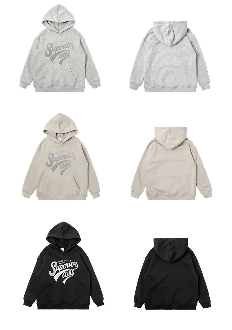 加絨連帽長袖大學T-英文字母-灰色