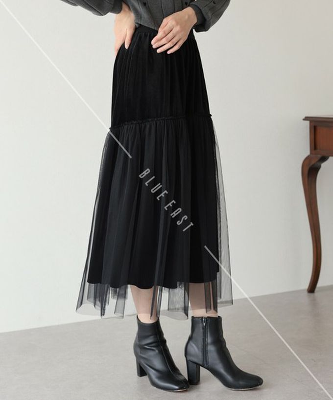 日本 BLUE EAST - 薄紗絲絨拼接飄逸長裙-(可選長度)-深藍