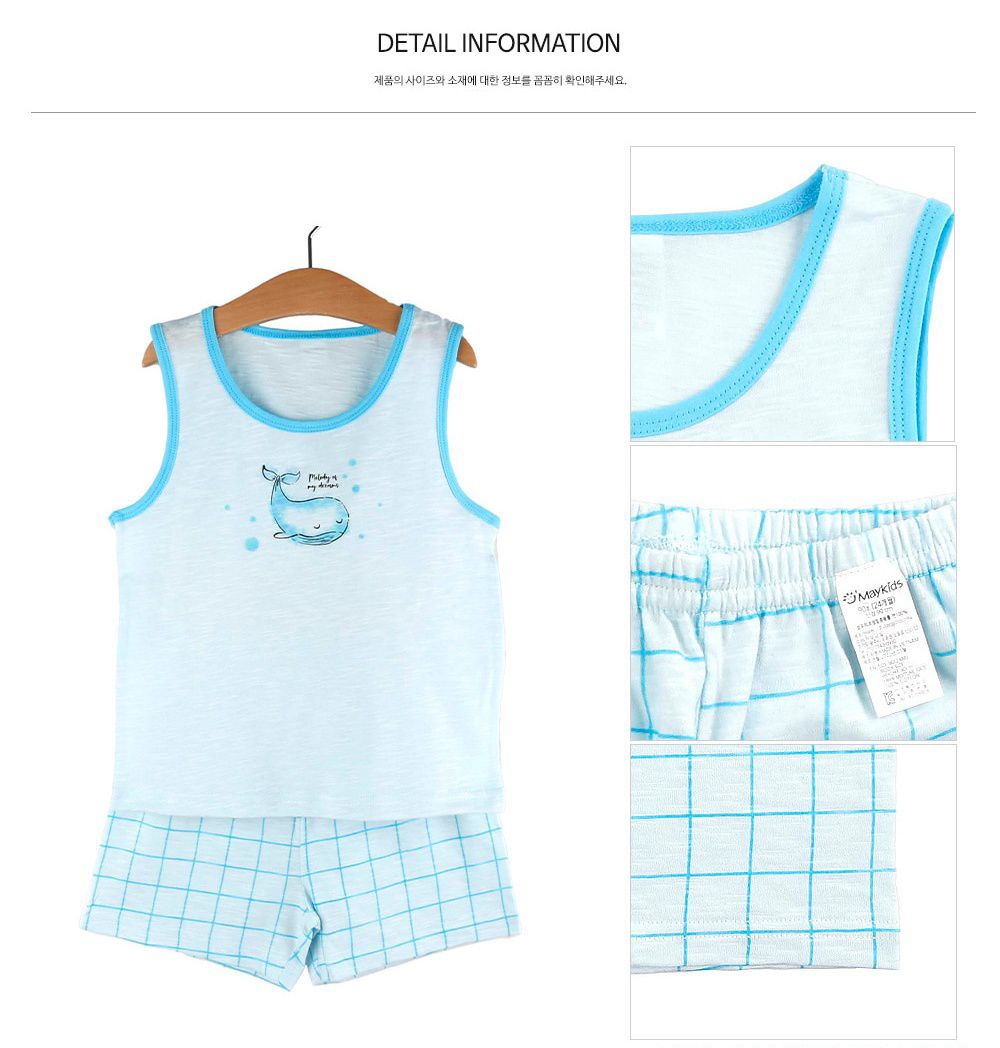 韓國 Maykids - 有機棉細柔無袖家居服-格子鯨魚