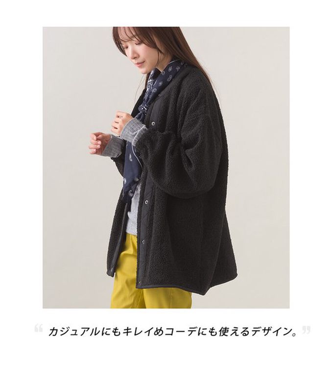 日本 OMNES - 溫柔短毛絨鈕扣無領保暖外套-黑