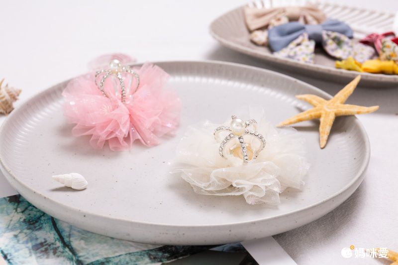 仙氣珍珠皇冠薄紗髮夾-粉色