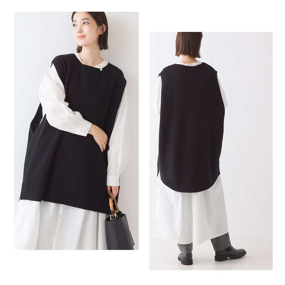 日本 OMNES - 百搭圓領羊毛保暖背心-時尚黑