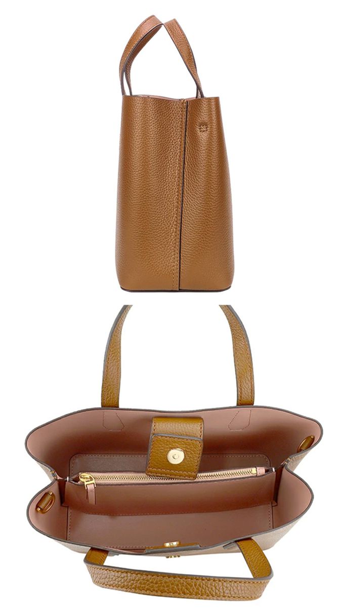 TORY BURCH - 雙T-LOGO素面皮革托特包 (焦糖色)