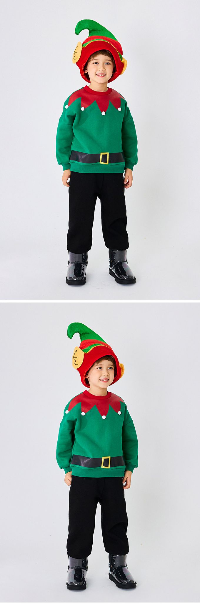 韓國 OZKIZ - (附尖帽)(內刷毛)聖誕男精靈長袖套裝