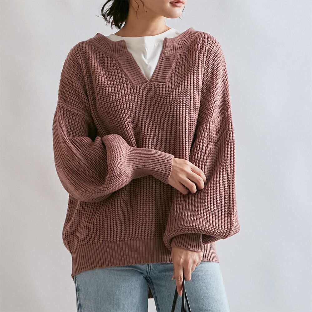 日本女裝代購 - 優雅小V領寬鬆針織上衣-米白 (M(Free size))