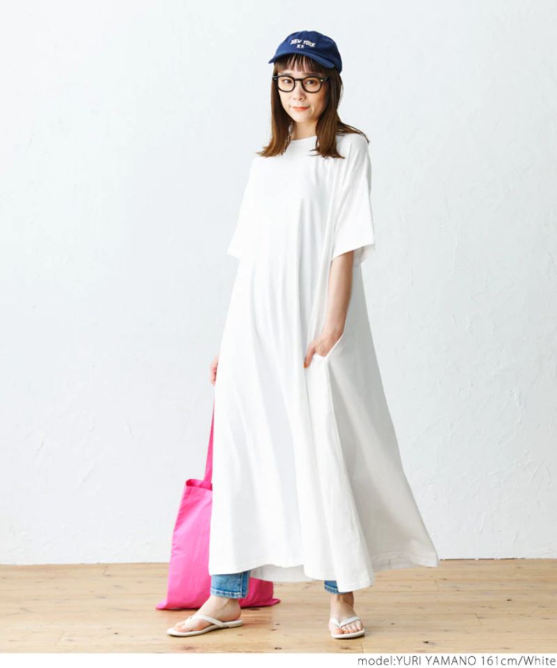 日本 COCA - 100%美國棉傘狀寬鬆短袖洋裝-白