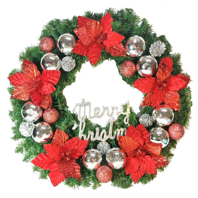 MODACore 摩達客 - 摩達客耶誕-24吋浪漫朵朵聖誕花豪華綠色聖誕花圈福臨圈(銀紅系)(台灣手工藝製/免組裝)  本島免運費