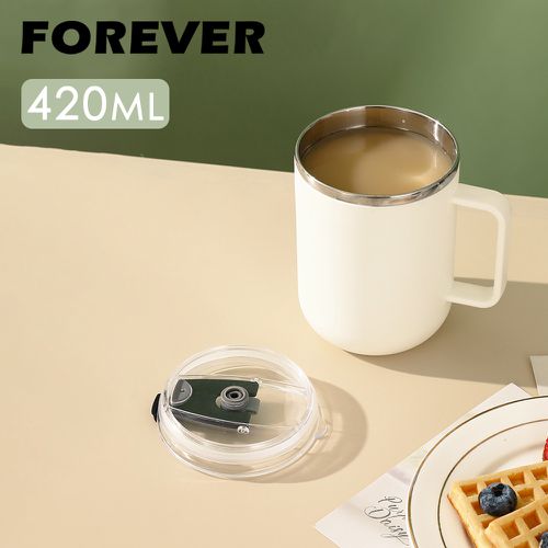 日本FOREVER - (買一送一) 304不鏽鋼雙層保溫馬克杯/茶杯420ml-米白(附蓋)