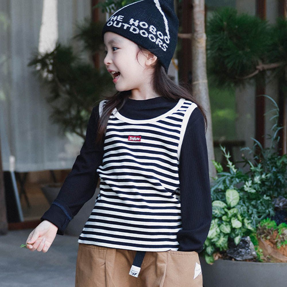 假兩件高彈針織長袖上衣-拼色條紋